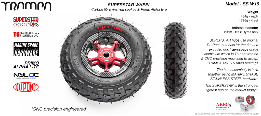 Superstar 8 inch wheel - Carbon Rim with Red Anodised spokes & Black Alpha 8 Inch Tyres
