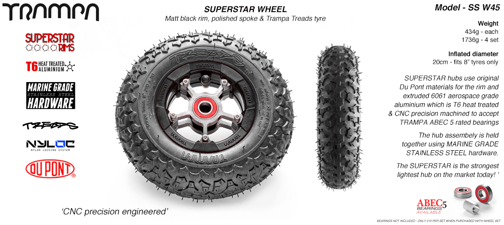 Superstar 8 inch wheel - Matt Black Rim with Silver Anodised spokes & TRAMPA TREAD 8 Inch Tyres