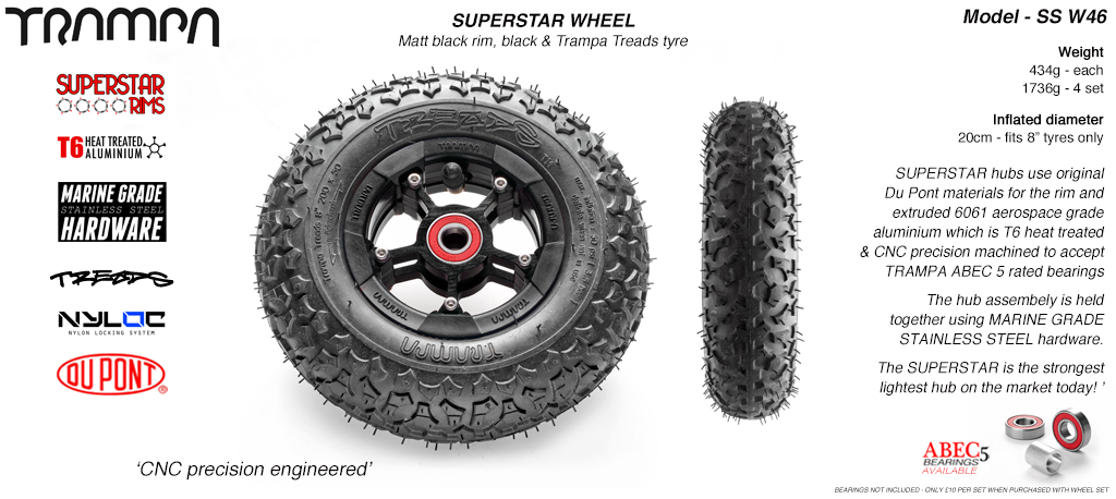 Superstar 8 inch wheel - Matt Black Rim with Black Anodised spokes & TRAMPA TREAD 8 Inch Tyres