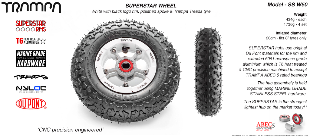 Superstar 8 inch wheel - White Gloss Rim with Silver Anodised spokes & TRAMPA TREAD 8 Inch Tyres