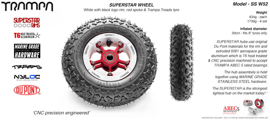 Superstar 8 inch wheel - White Gloss Rim with Red Anodised spokes & TRAMPA TREAD 8 Inch Tyres