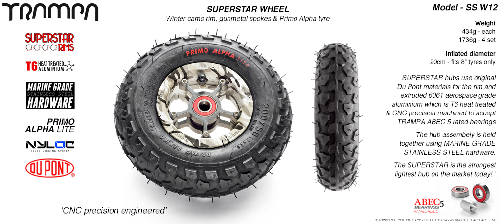 Superstar 8 inch wheel - Camo Rim with Gunmetal Anodised spokes & Black Alpha 8 Inch Tyres