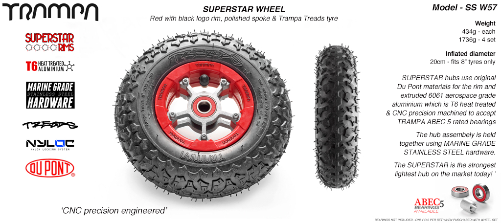 Superstar 8 inch wheel - Red Gloss Rim with Silver Anodised spokes & TRAMPA TREAD 8 Inch Tyres