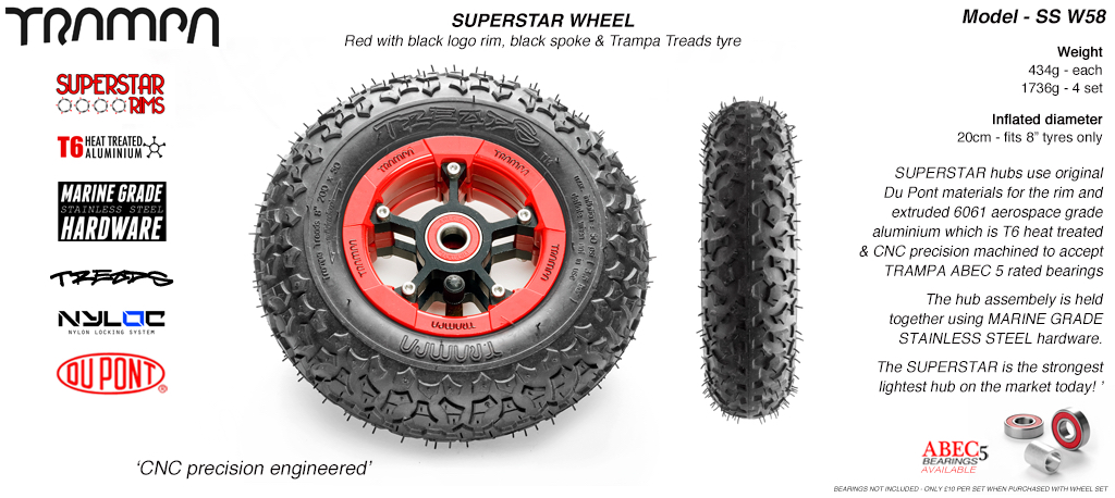 Superstar 8 inch wheel - Red Gloss Rim with Black Anodised spokes & TRAMPA TREAD 8 Inch Tyres