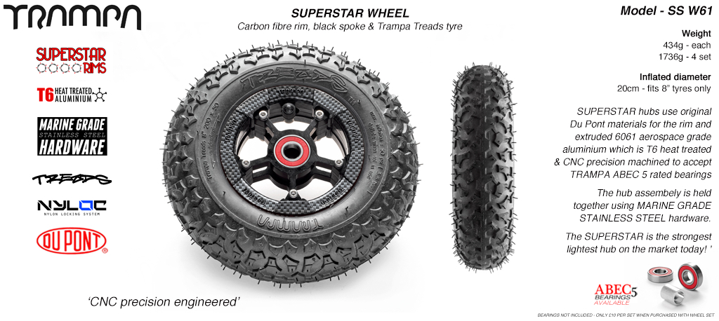 Superstar 8 inch wheel - Carbon Print Rim with Black Anodised spokes & TRAMPA TREAD 8 Inch Tyres