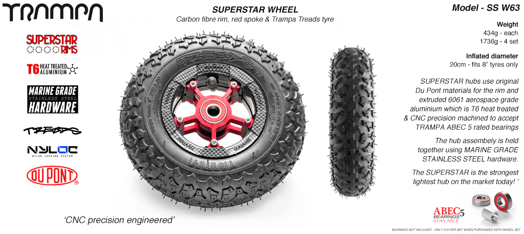 Superstar 8 inch wheel - Carbon Print Rim with Red Anodised spokes & TRAMPA TREAD 8 Inch Tyres