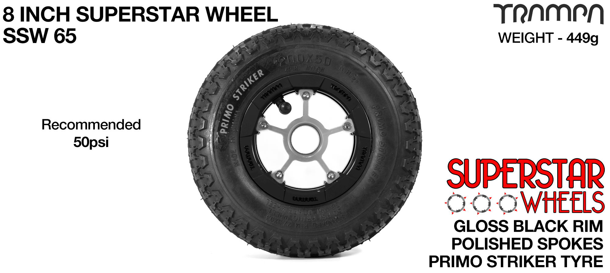 Superstar 8 inch wheel - Gloss Black Rim with Silver Anodised spokes & Black Striker 8 Inch Tyres