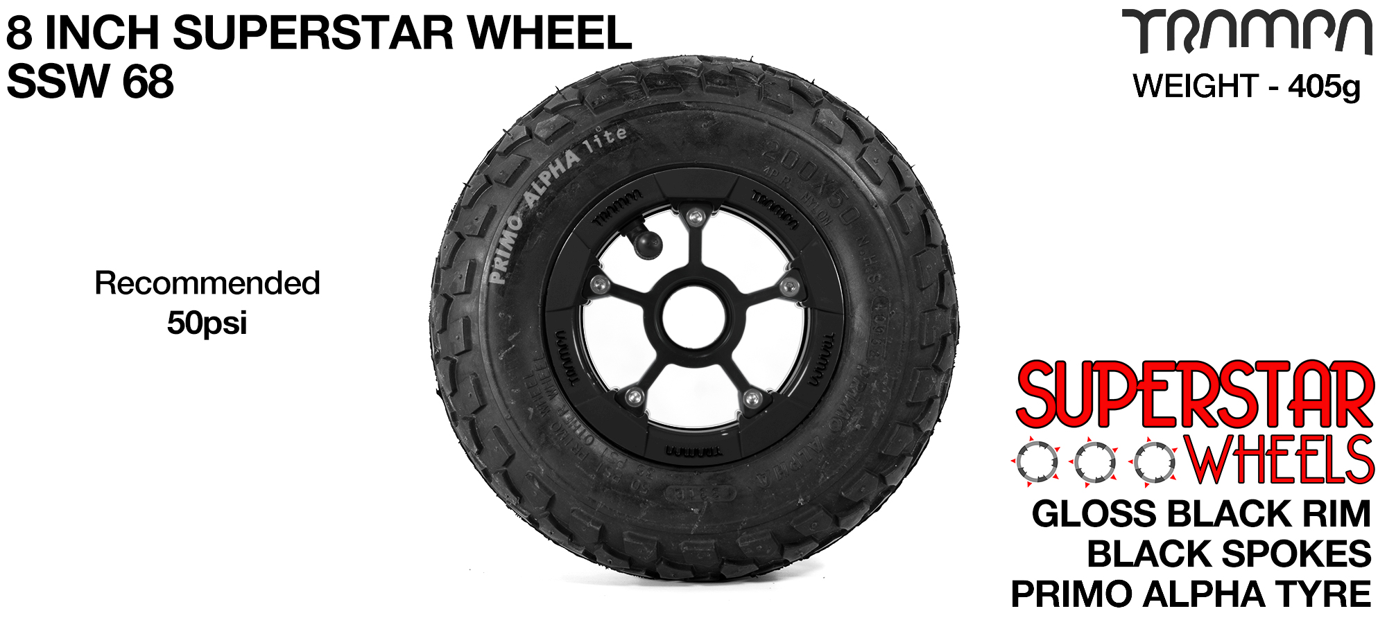 Superstar 8 inch wheel - Black Gloss Rim with Black Anodised spokes & Black Alpha 8 Inch Tyres