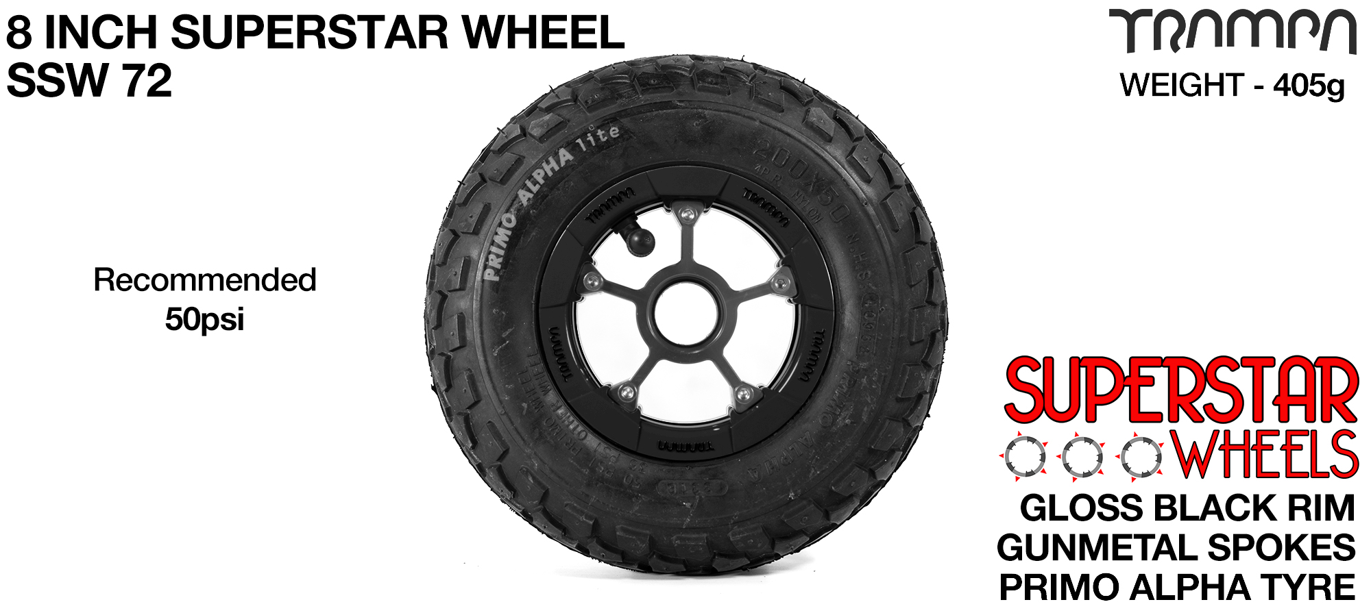 Superstar 8 inch wheel - Black Gloss Rim with Gunmetal Anodised spokes & Black Alpha 8 Inch Tyre