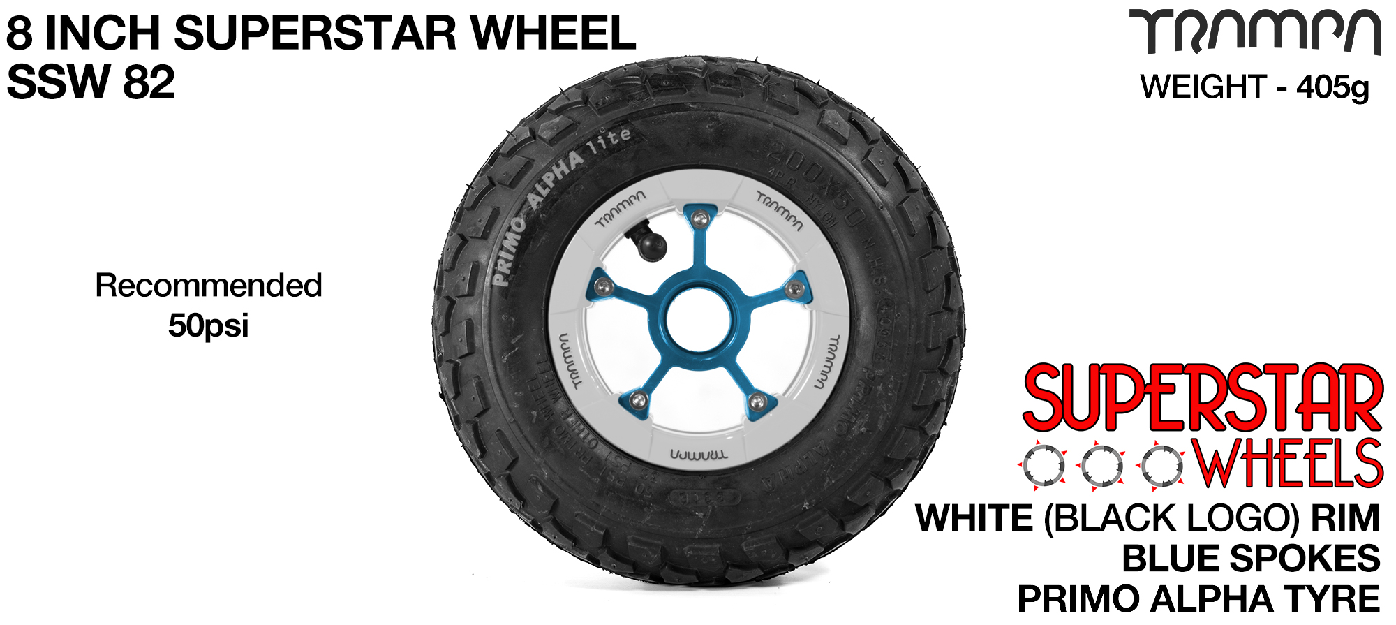 Superstar 8 inch wheel - White Gloss & Black logo Rim Blue Anodised Spokes & Black Alpha 8 Inch Tyre