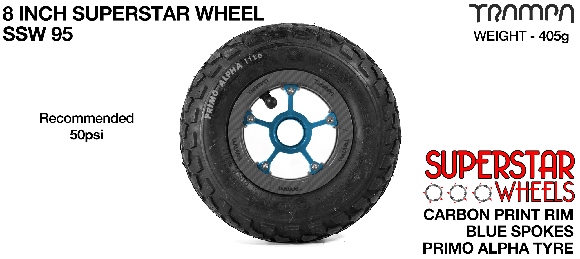 Superstar 8 inch wheel - Carbon Fiber Print rim with Blue Anodised Spokes & Black Alpha 8 Inch Tyre