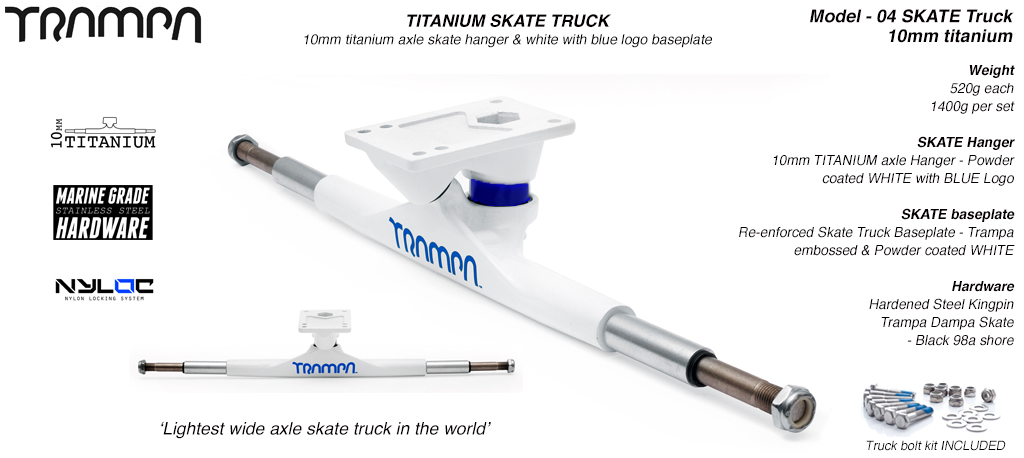 Super light weight TITANIUM SKATE TRUCK - Powder coated White BLUE Logo