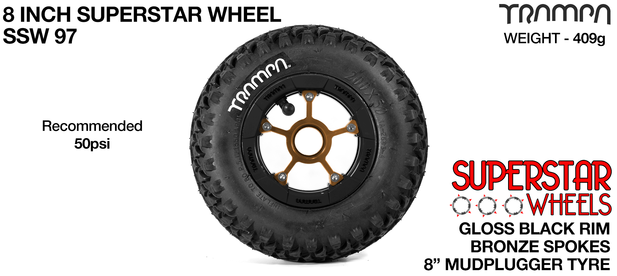 Superstar 8 inch wheel -  Black Gloss Rim Bronze Anodised Spokes & Mud Plugger 8 Inch Tyre