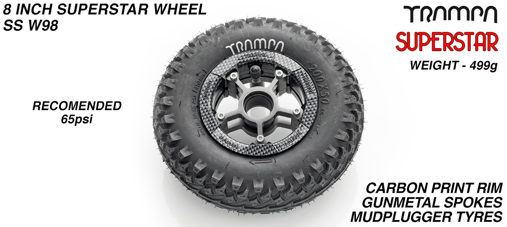 Superstar 8 inch wheels -  Carbon Print Rim Gunmetal Anodised Spokes & Mud Plugger 8 Inch Tyre