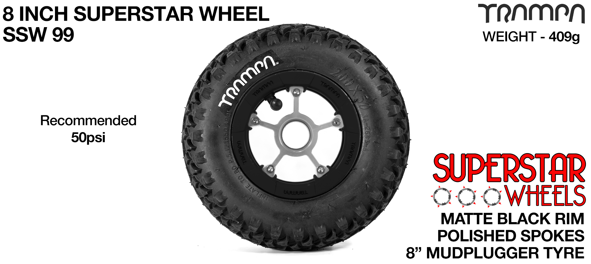 Superstar 8 inch wheels -  Matt Black Rim with Polished Spokes & Mud Plugger 8 Inch Tyre