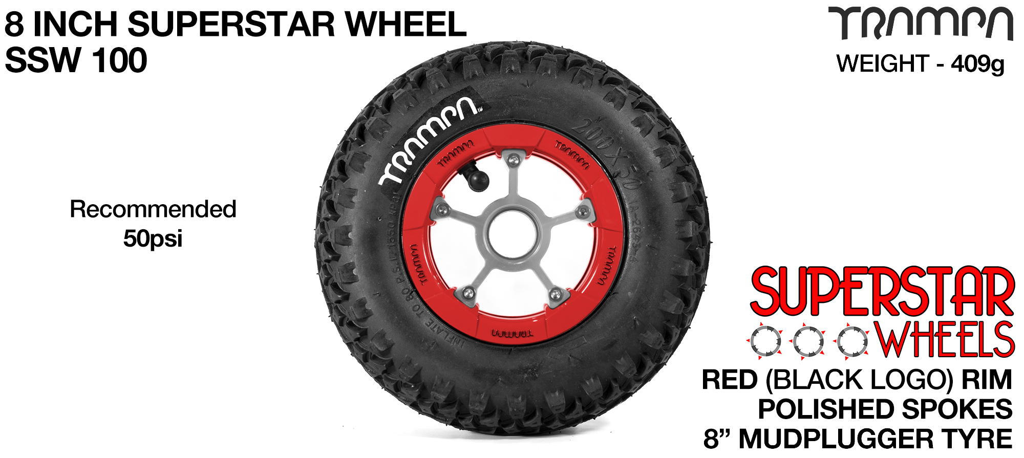 Superstar 8 inch wheels -  Red Gloss & Black Logo Rim Silver anodised Spokes & Mud Plugger 8 Inch Tyre