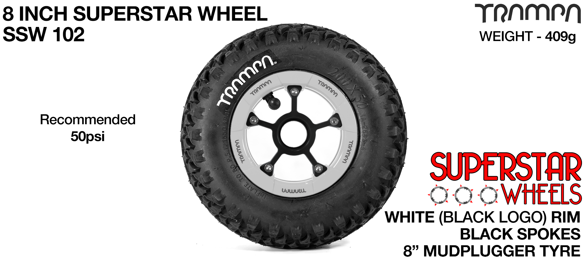 Superstar 8 inch wheels -  White Gloss Rim Black Anodised Spokes & Mud Plugger 8 Inch Tyre