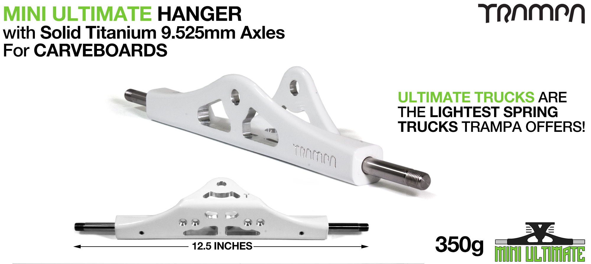 Mini ULTIMATE Hanger - 9.525mm TITANIUM Axles, Powder Coated White & CNC'd light 