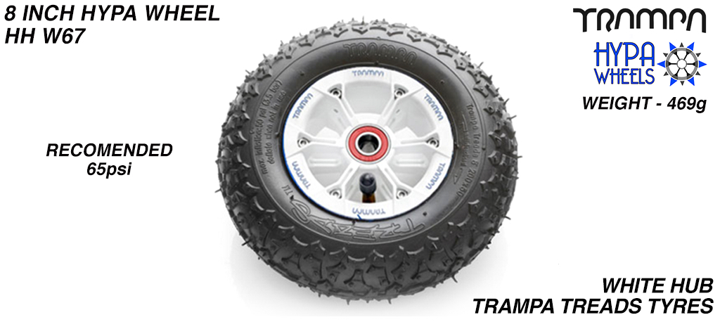8 Inch Wheel - White with Blue logo Hypa Hub with Trampa Treads 8 Inch Tyre