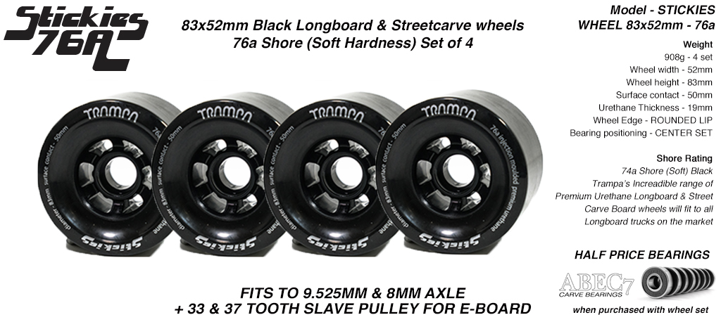 STICKIES Longboard & Street Carver Wheels - 83 x 52mm - 76a Soft Urethane BLACK x4