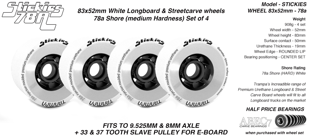 STICKIES Longboard & Street Carver Wheels - 83 x 52mm - 78a Regular Urethane WHITE x4