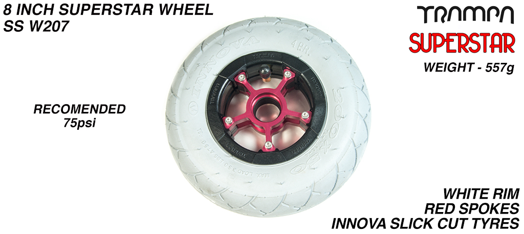 Superstar 8 inch wheels - Matt Black Superstar Rim with Red Anodised spokes & Grey SLICK cut 8 inch Tyre