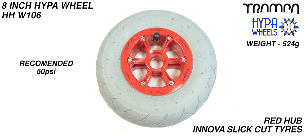 8 Inch Wheel - Red with Black Logo Hypa Hub, Grey INNOVA KK Slickcut 8 Inch Tyre