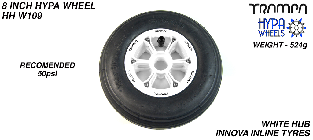 8 Inch Wheel - White with Black logo Hypa Hub with Black INNOVA Inline 8 Inch Tyre