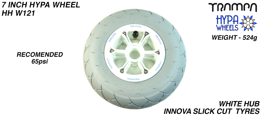 8 Inch Wheel - White with Blue logo Hypa Hub with Grey INNOVA Slickcut 8 Inch Tyre
