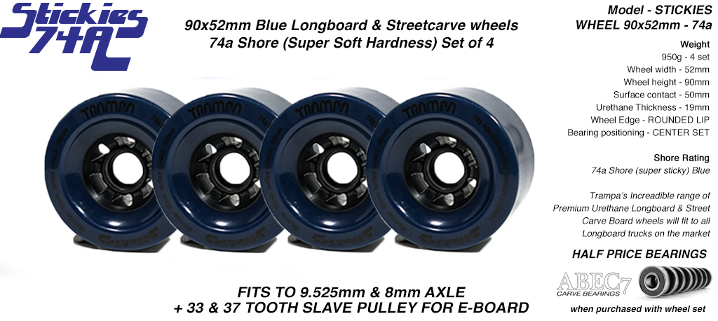 STICKIES Longboard & Street Carver Wheels - 90 x 52mm - 74a Super Sticky Urethane BLUE x4 