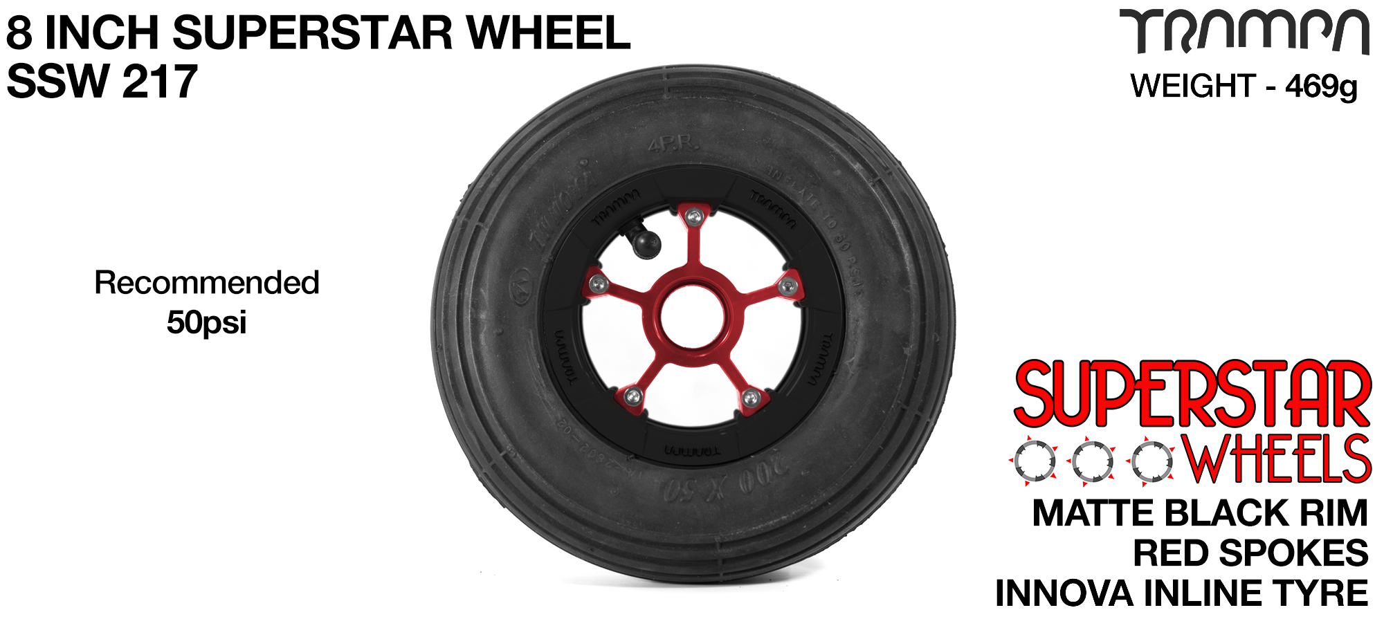 Superstar 8 Inch Wheel - Matt Black Superstar Rim Red Anodised Spokes & Black 8 Inch Inline Tyre