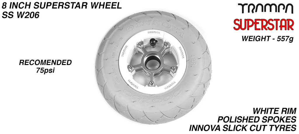 Superstar 8 inch wheels - Gloss White Superstar Rim with Silver Anodised spokes & GREY SLICK cut 8 inch Tyre
