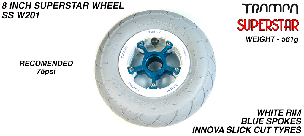 Superstar 8 inch wheels - Gloss White Superstar Rim with Blue Anodised spokes & Grey SLICK cut 8 inch Tyre
