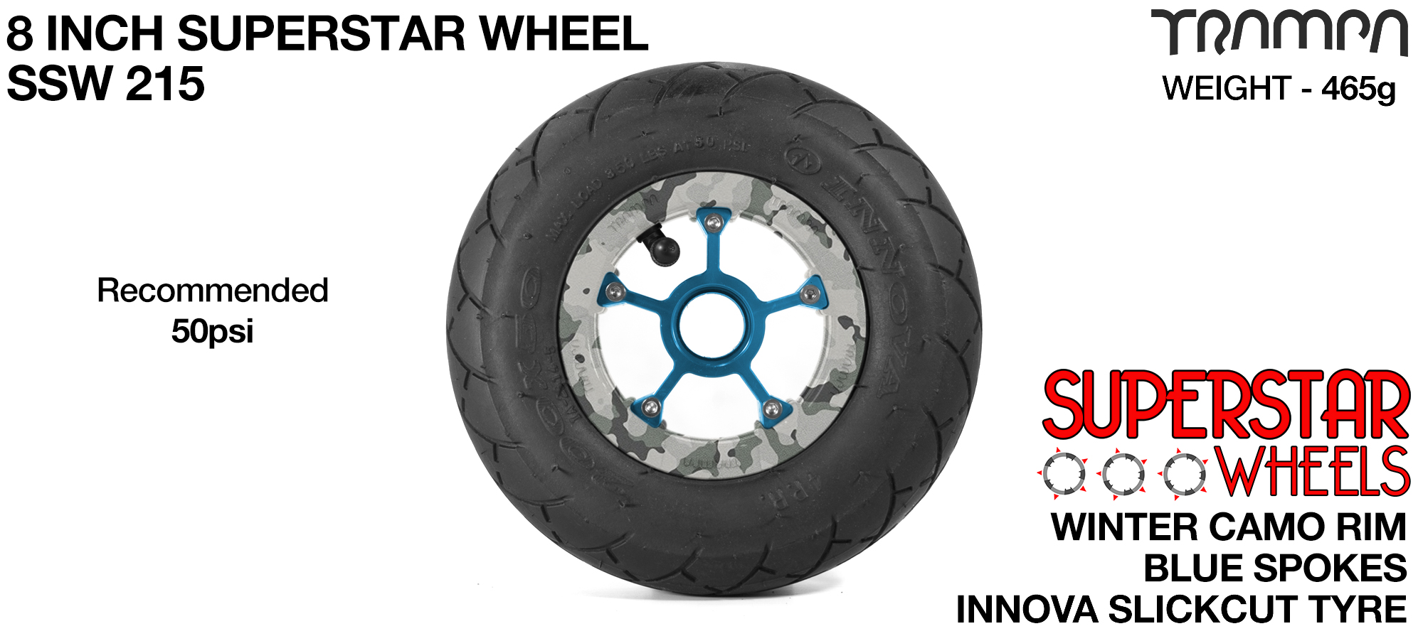Superstar 8 inch wheels - Winter Camo Superstar Rim with Blue Anodised spokes & Black SLICKCUT 8 inch Tyre