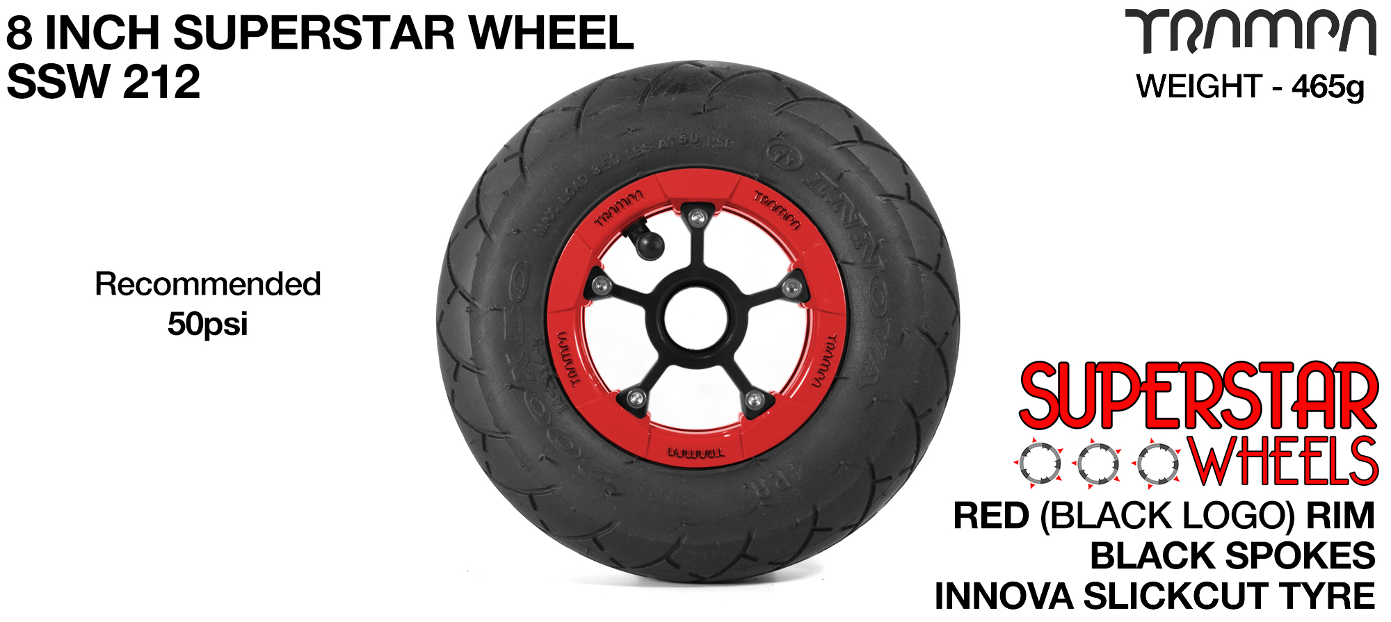 Superstar 8 inch wheels - Red Gloss Black Logo Superstar Rim with Black Anodised spokes & BLACK SLICKCUT 8 inch Tyre 