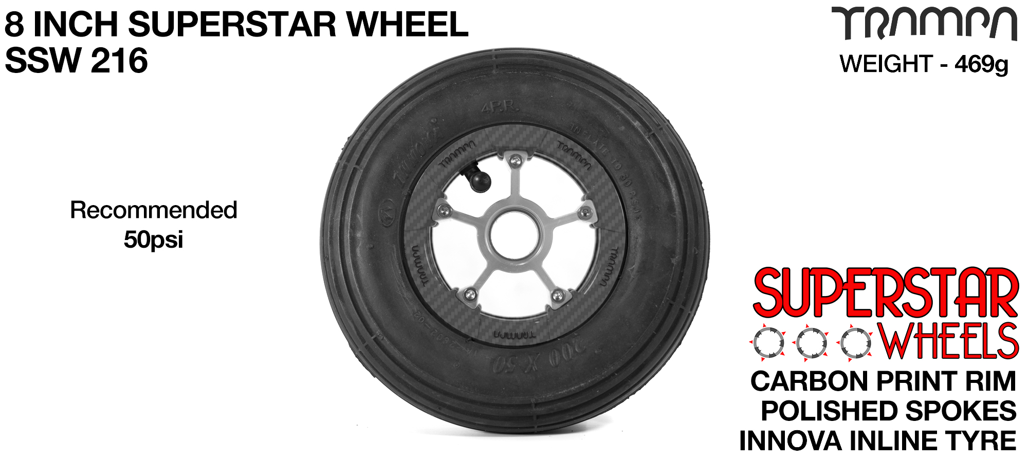 Superstar 8 inch wheels - Carbon Print Superstar Rim with Silver Anodised spokes & Black Slick Cut 8 inch Tyre
