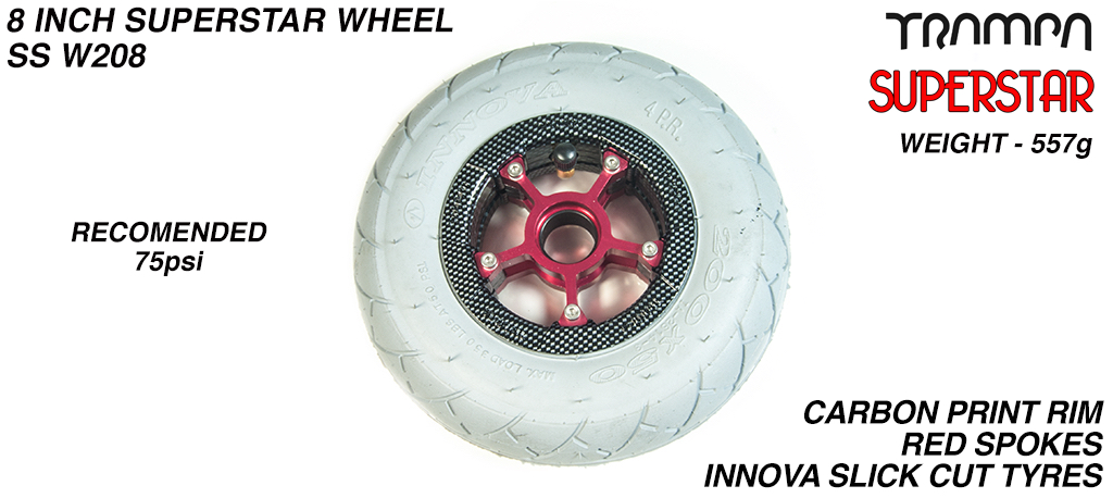 Superstar 8 inch wheels - Carbon Print Superstar Rim with Red Anodised spokes & Grey Slick Cut 8 inch Tyre