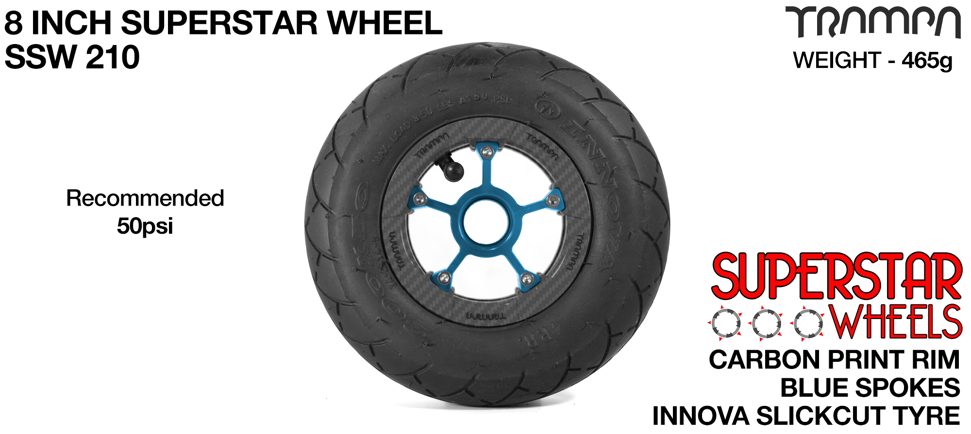 Superstar 8 inch wheels - Carbon Print Superstar Rim with Blue Anodised spokes & BLACK Slick Cut 8 inch Tyre