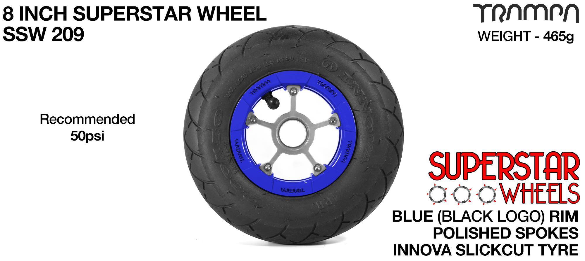 Superstar 8 inch wheels - Blue Gloss Black Logo Superstar Rim with Silver Anodised spokes & Black Slick Cut 8 inch Tyre