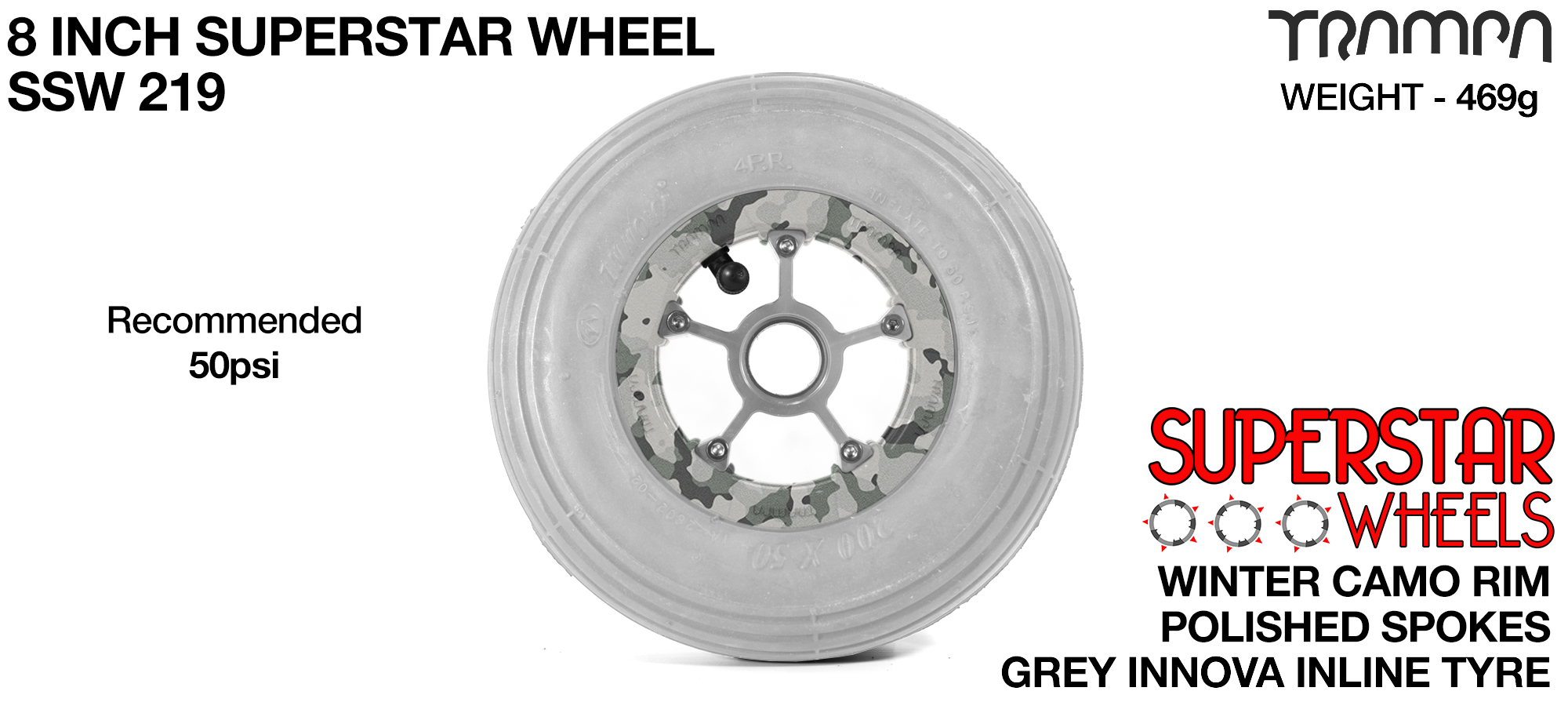 Superstar 8 Inch Wheel - Winter Camo Superstar Rim Silver Anodised Spokes & Grey 8 Inch Inline Tyre