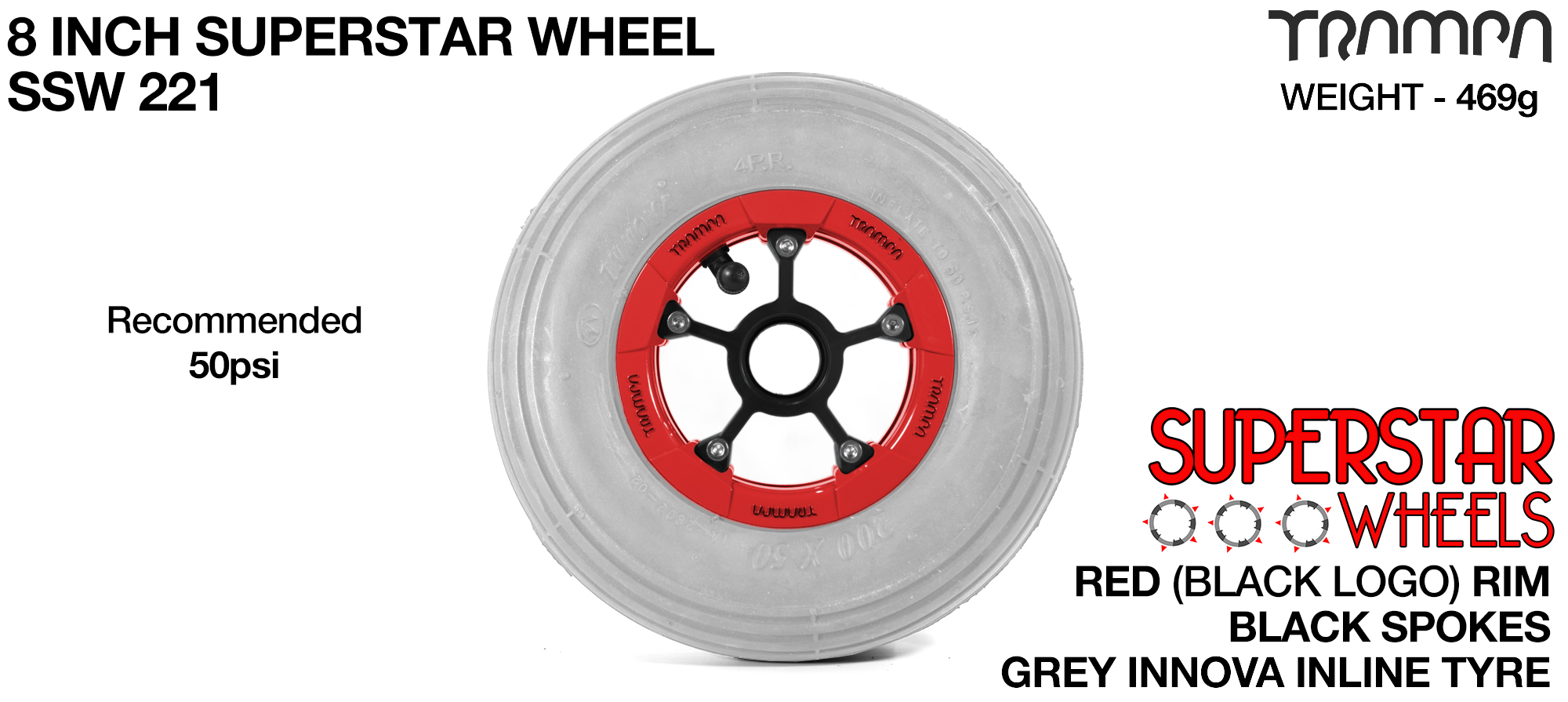 Superstar 8 Inch Wheel - Red Superstar Rim Black Anodised Spokes & Grey 8 Inch Inline Tyre