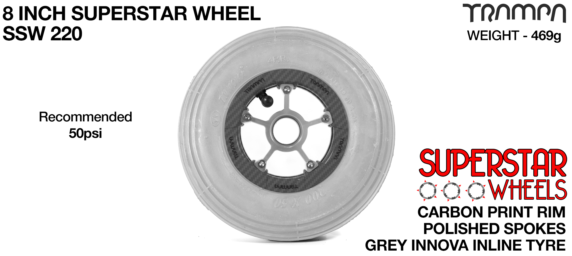 Superstar 8 Inch Wheel - Carbon Superstar Rim Silver Anodised Spokes & Grey 8 Inch Inline Tyre
