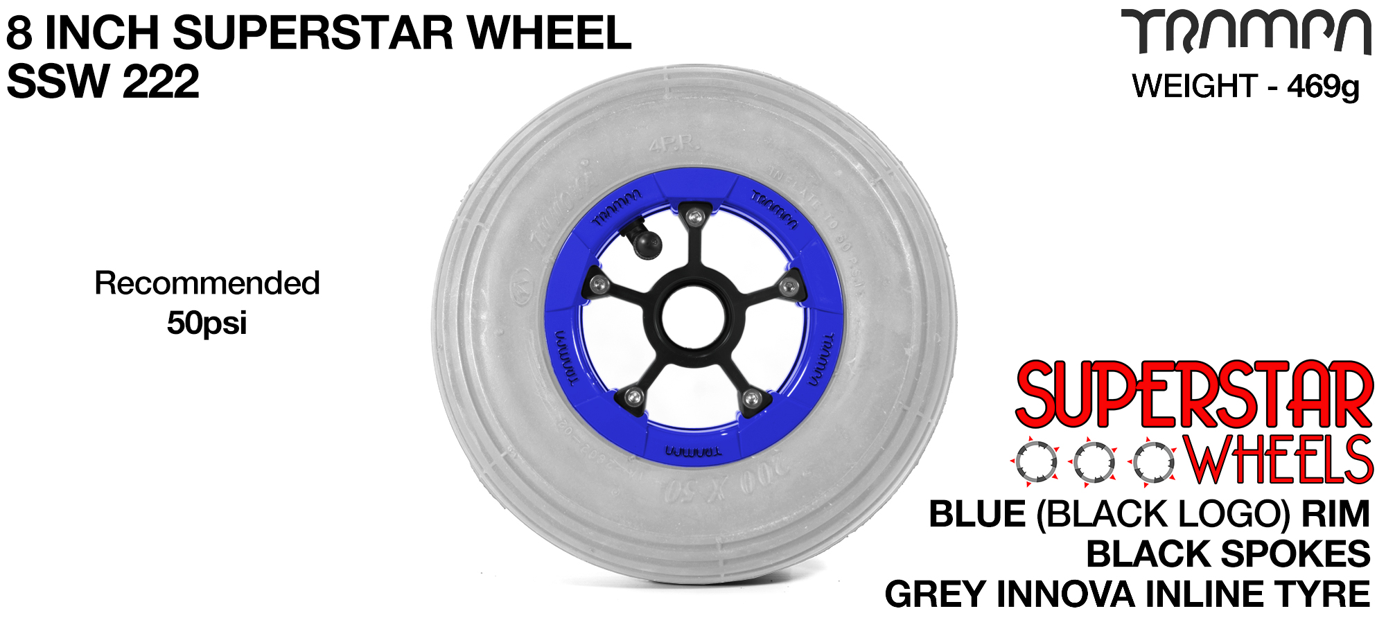 Superstar 8 Inch Wheel - Blue Superstar Rim Black Anodised Spokes & Grey 8 Inch Inline Tyre (COPY)