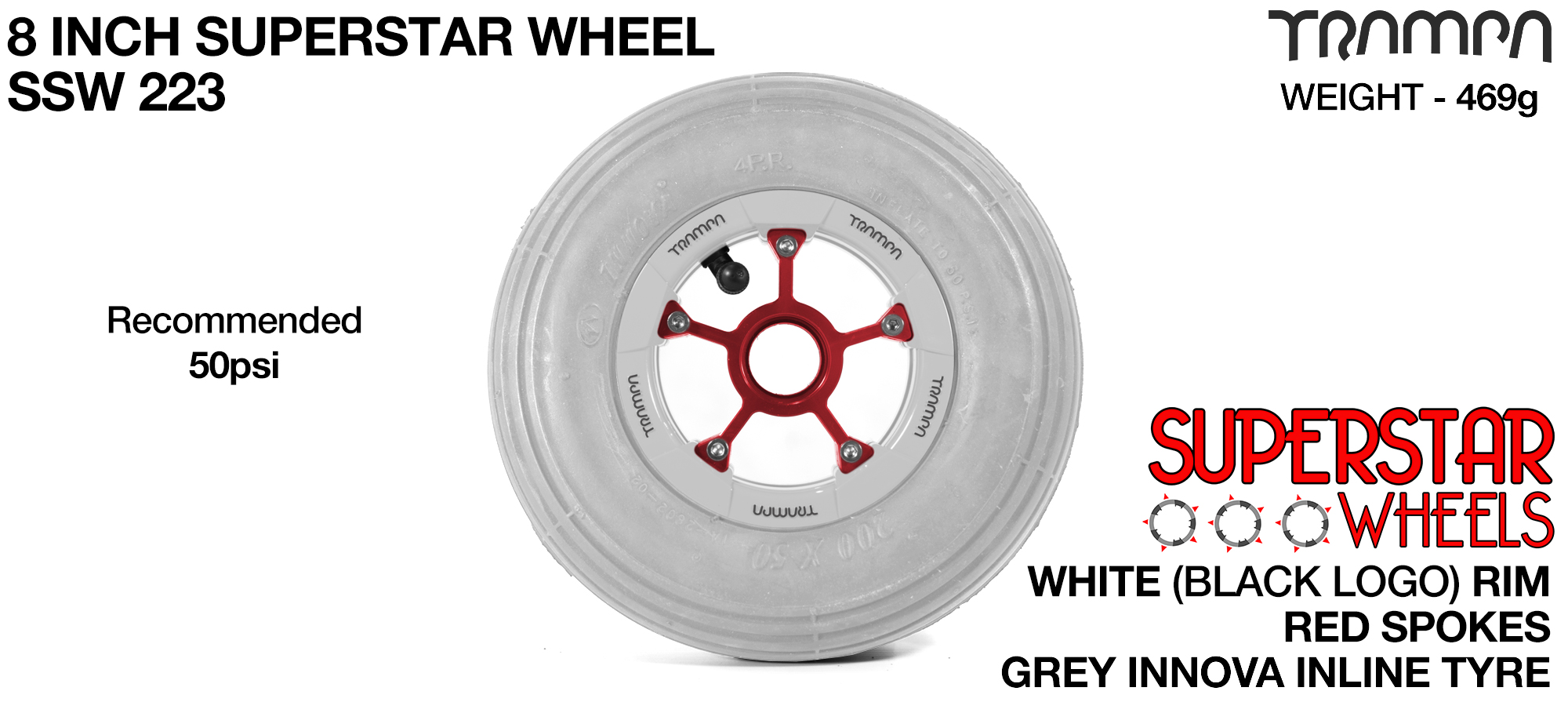 Superstar 8 Inch Wheel - White Superstar Rim Red Anodised Spokes & Grey 8 Inch Inline Tyre