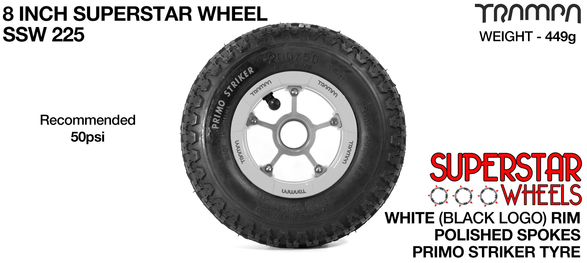Superstar 8 Inch Wheel - White Superstar Rim Polished Anodised Spokes & Primo Striker 8 Inch Tyre 