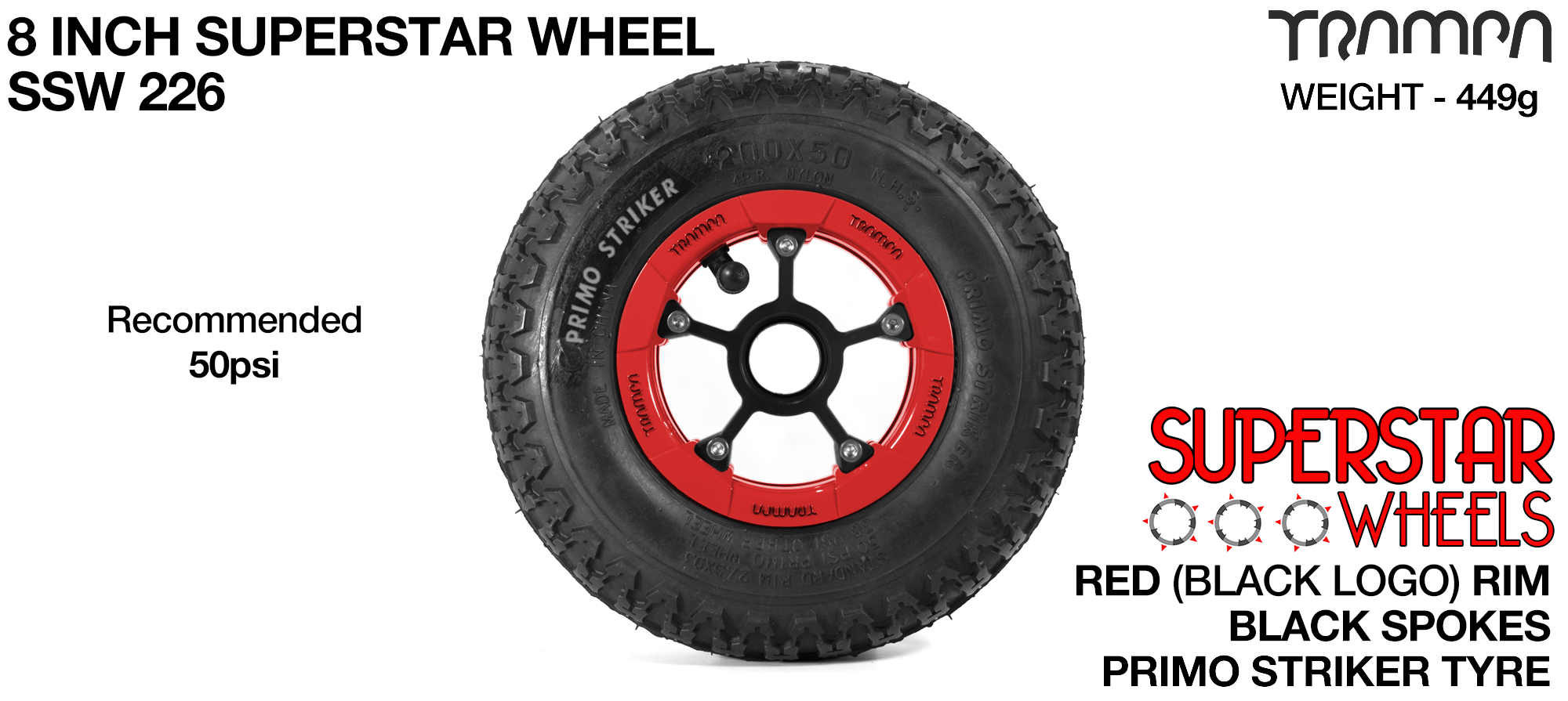 Superstar 8 Inch Wheel - Red Superstar Rim Black Anodised Spokes & Primo Striker 8 Inch Tyre 