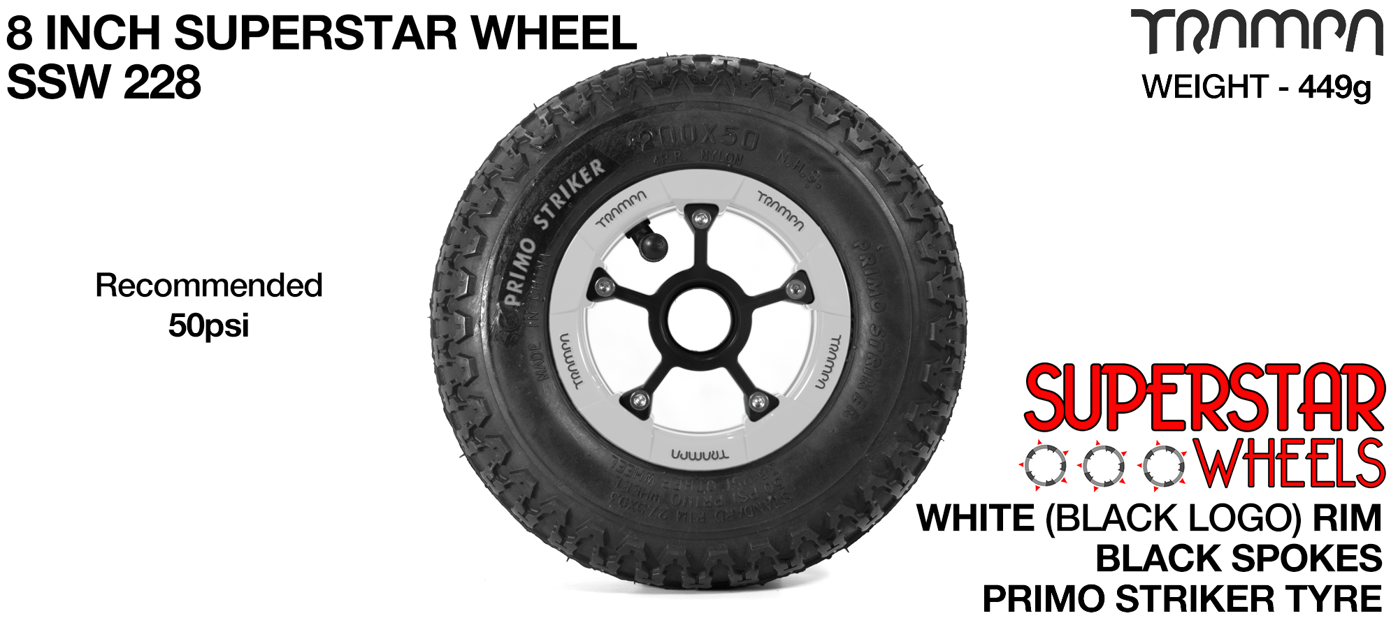 Superstar 8 Inch Wheel - White Superstar Rim Black Anodised Spokes & Primo Striker 8 Inch Tyre