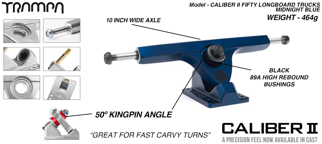 Caliber II 50º 10 Inch wide Longboard Trucks - MIDNIGHT BLUE  (£25)