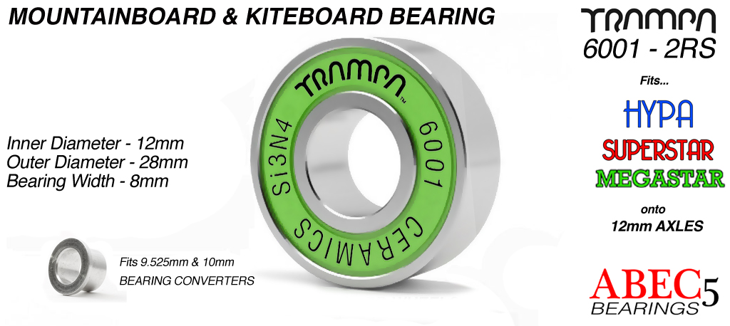 Si3N4 CERAMIC Mountainboard Bearing - Steel Ring with Nylon cage & 2x Removable Rubber shields 6001-2RS CERAMIC