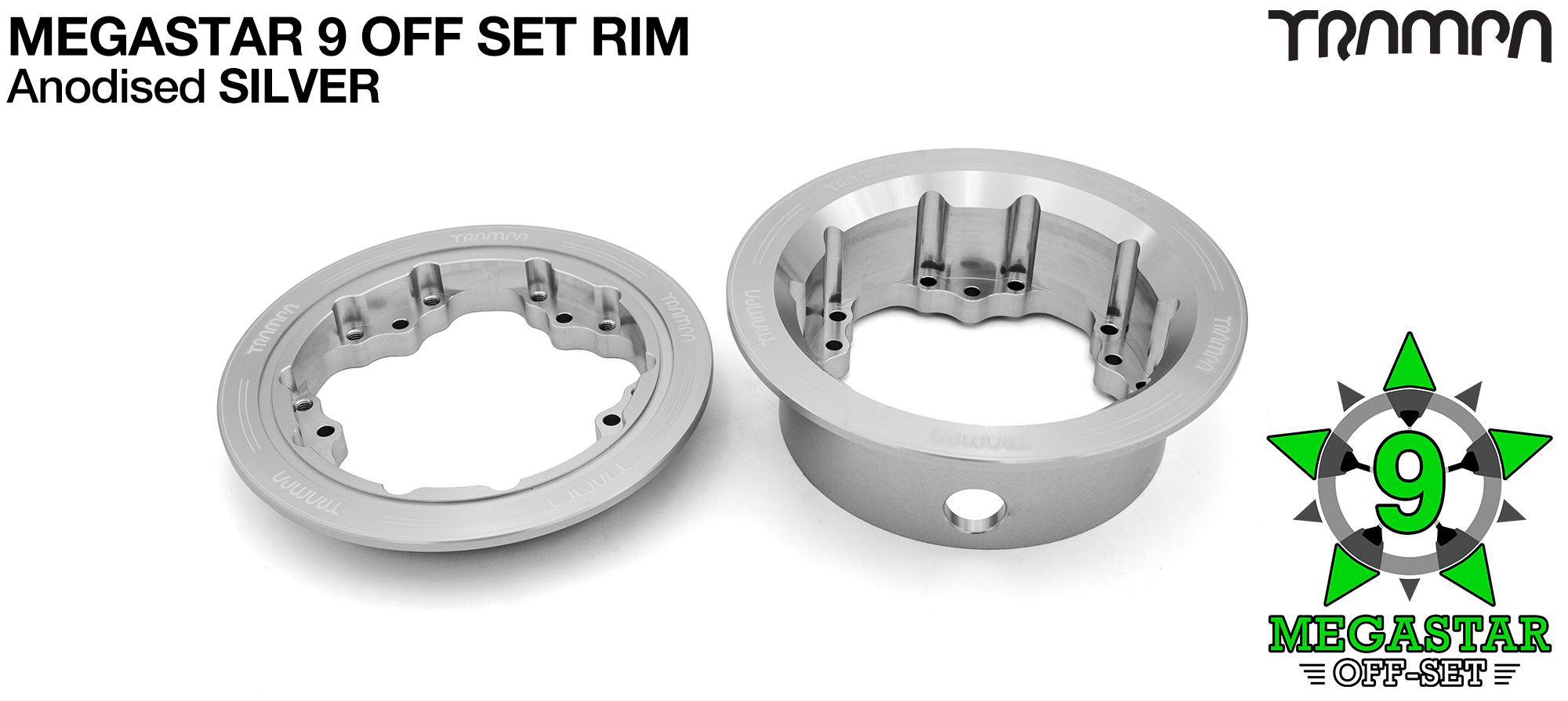 MEGASTAR 9 Rims Measure 3.75/4x 2.5 Inch & the bearings are positioned OFF-SET & accept 3.75 & 4 Inch Rim Tyres - SILVER